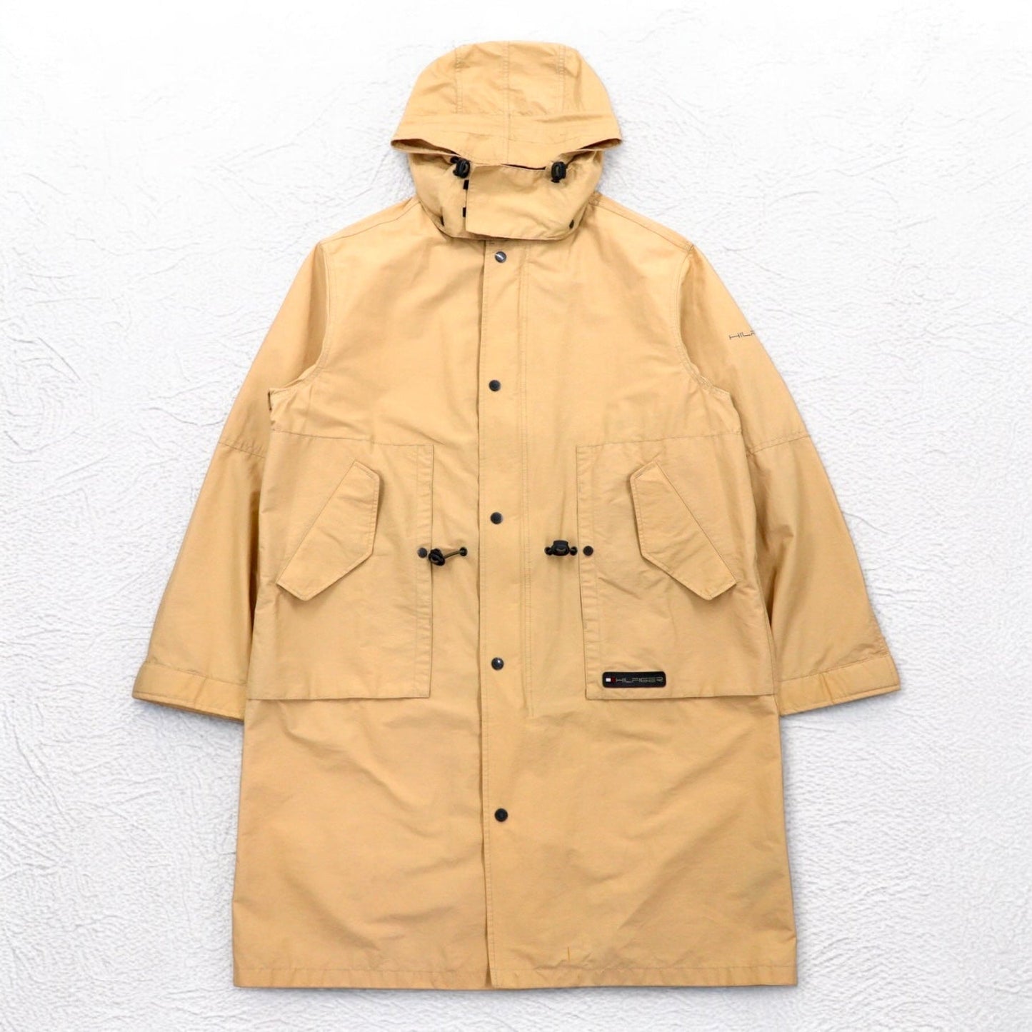 TOMMY HILFIGER 00年代 オーバーコート L ベージュ ナイロン 防水 ダブルジップ ドローコード フード着脱式