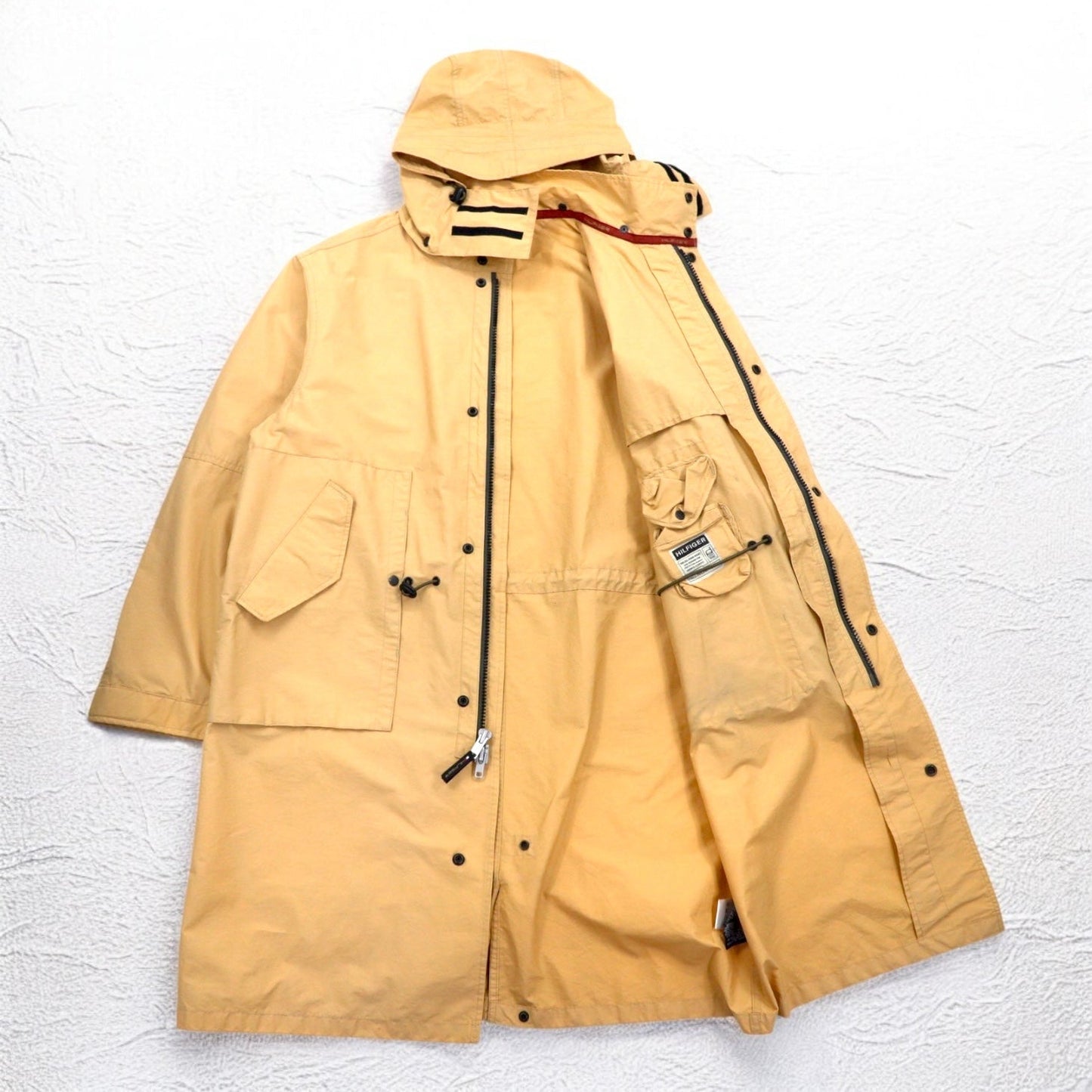 TOMMY HILFIGER 00年代 オーバーコート L ベージュ ナイロン 防水 ダブルジップ ドローコード フード着脱式