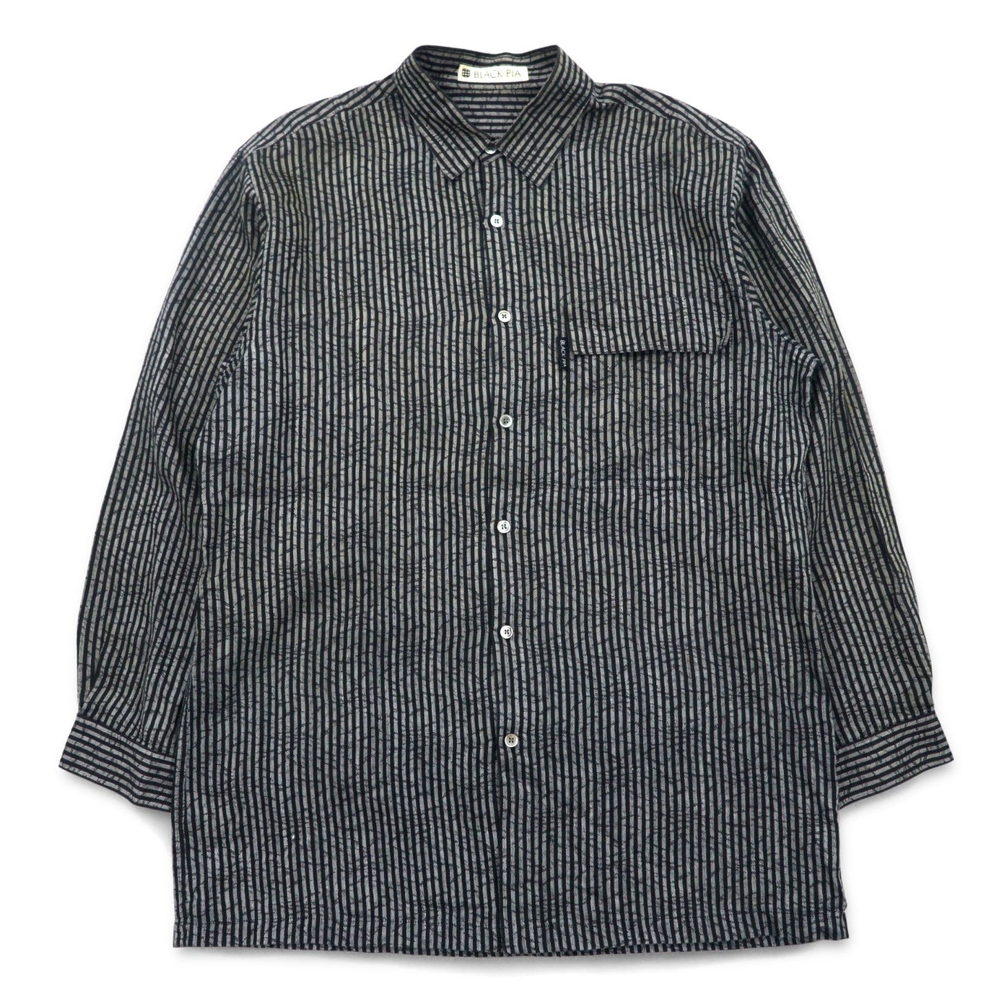 BLACK PIA 90年代 リネン ストライプ シャツ L グレー ブラック フラップポケット 日本製