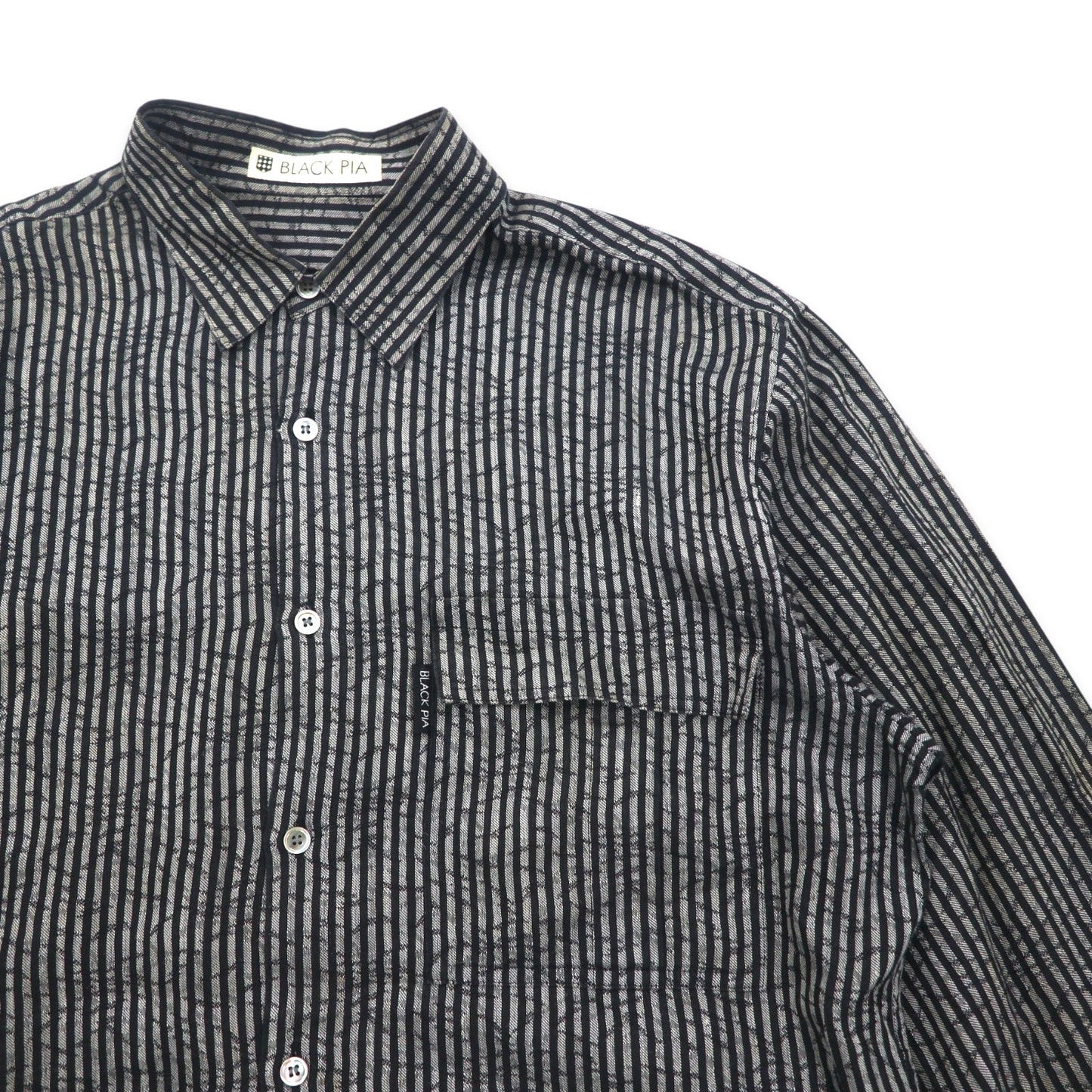 BLACK PIA 90年代 リネン ストライプ シャツ L グレー ブラック フラップポケット 日本製