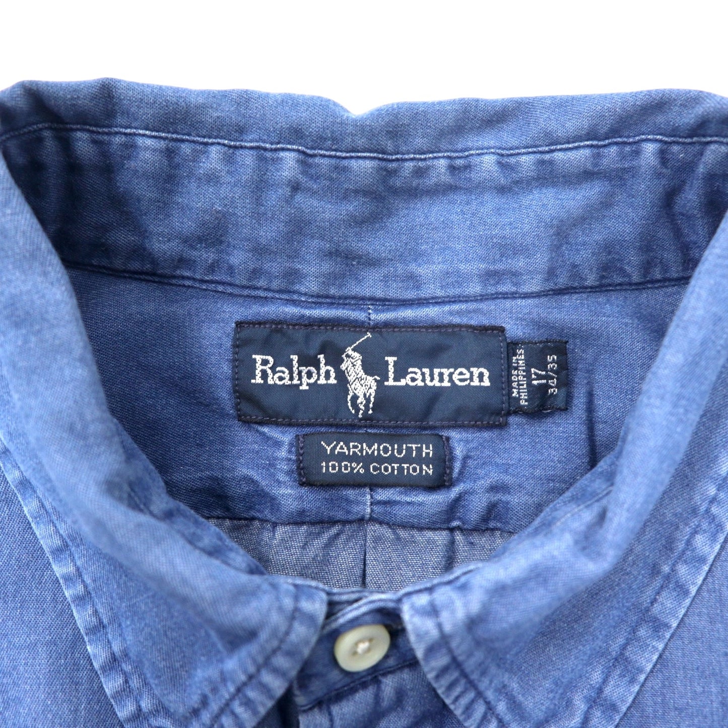 Ralph Lauren 90年代 インディゴ デニム ボタンダウンシャツ 17 34/35 ブルー コットン YARMOUTH スモールポニー 刺繍