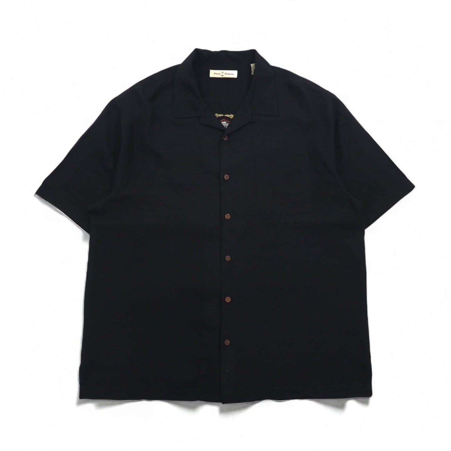 Tommy Bahama シルク 半袖 オープンカラーシャツ 開襟 ボックスシャツ XL ブラック バックロゴ刺繍