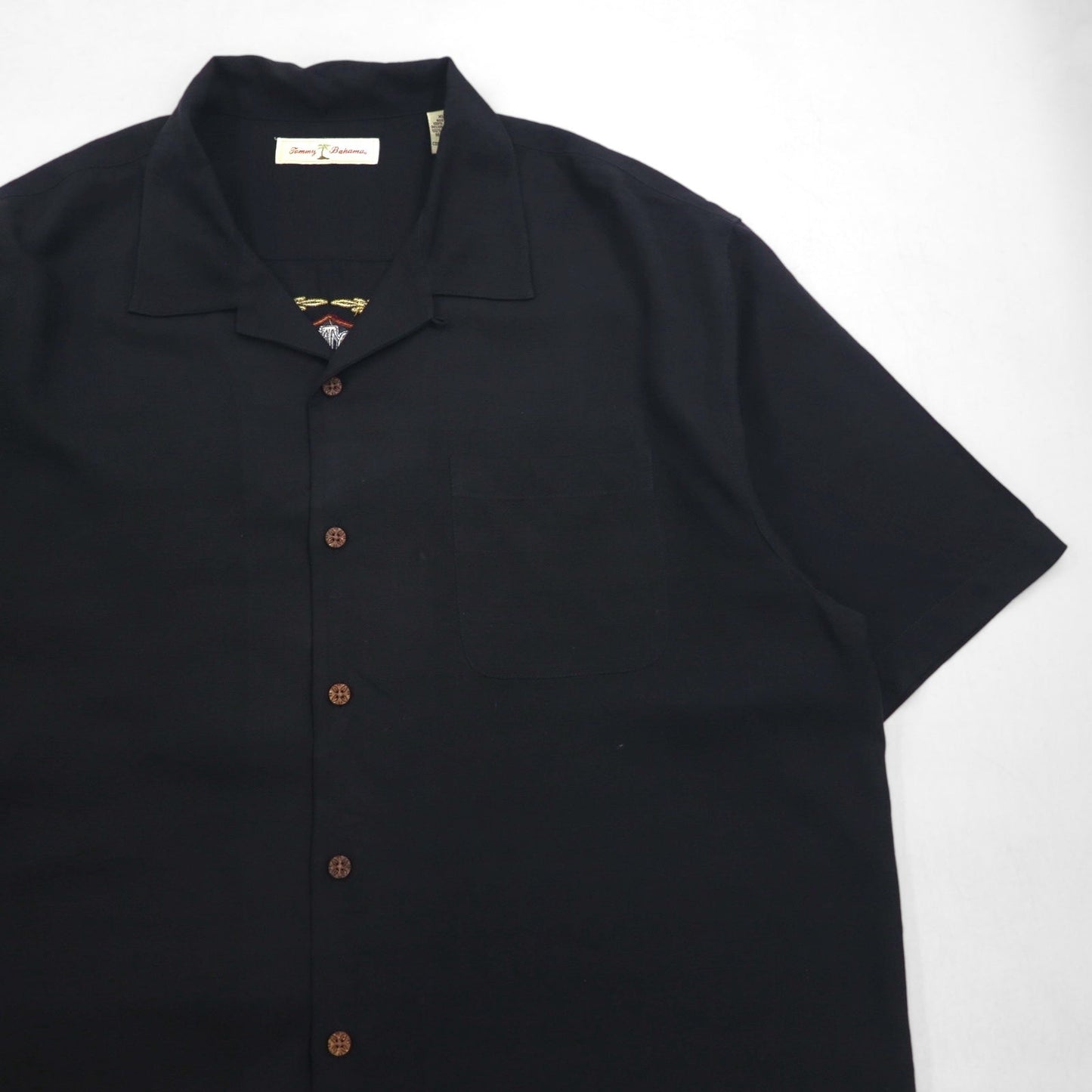 Tommy Bahama シルク 半袖 オープンカラーシャツ 開襟 ボックスシャツ XL ブラック バックロゴ刺繍