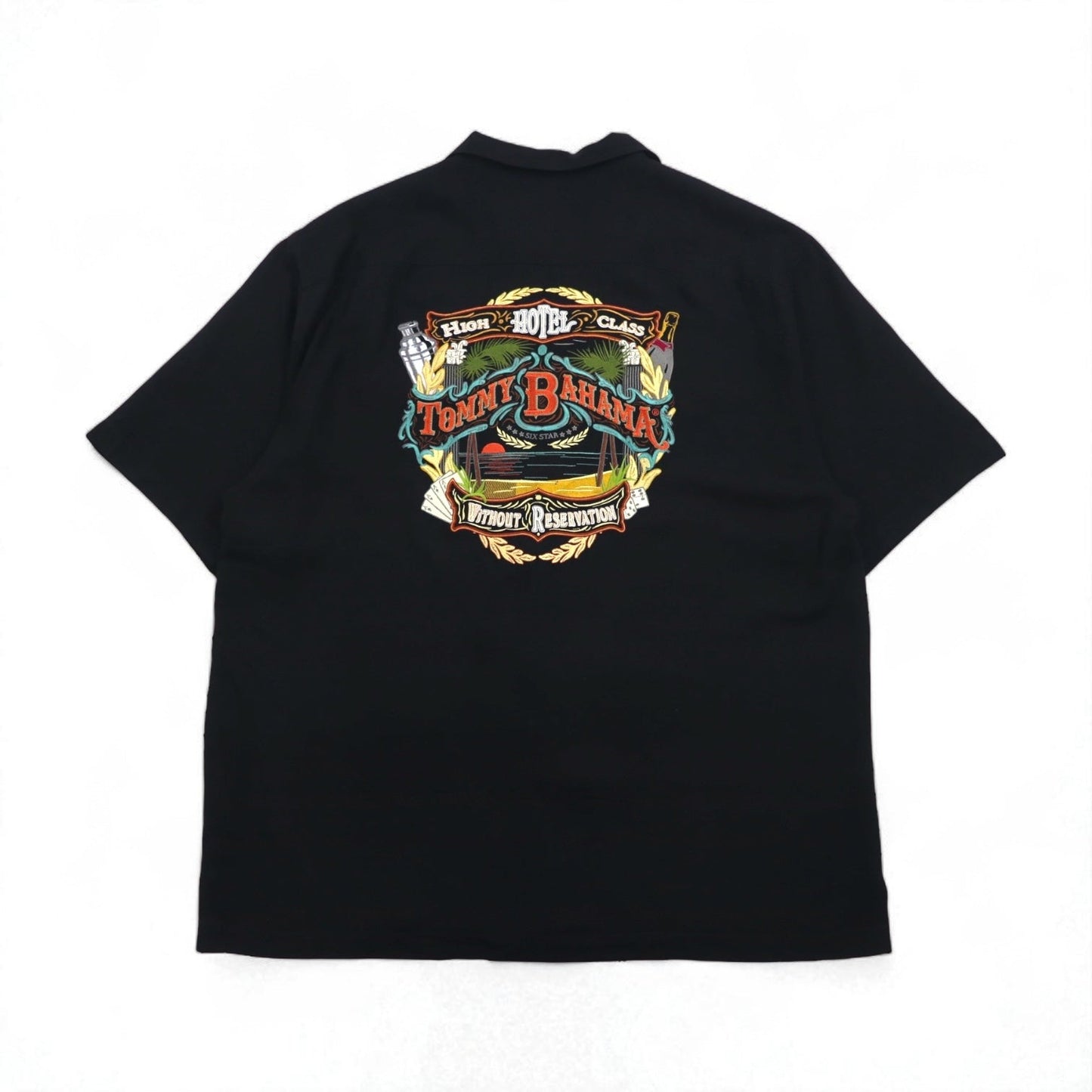 Tommy Bahama シルク 半袖 オープンカラーシャツ 開襟 ボックスシャツ XL ブラック バックロゴ刺繍