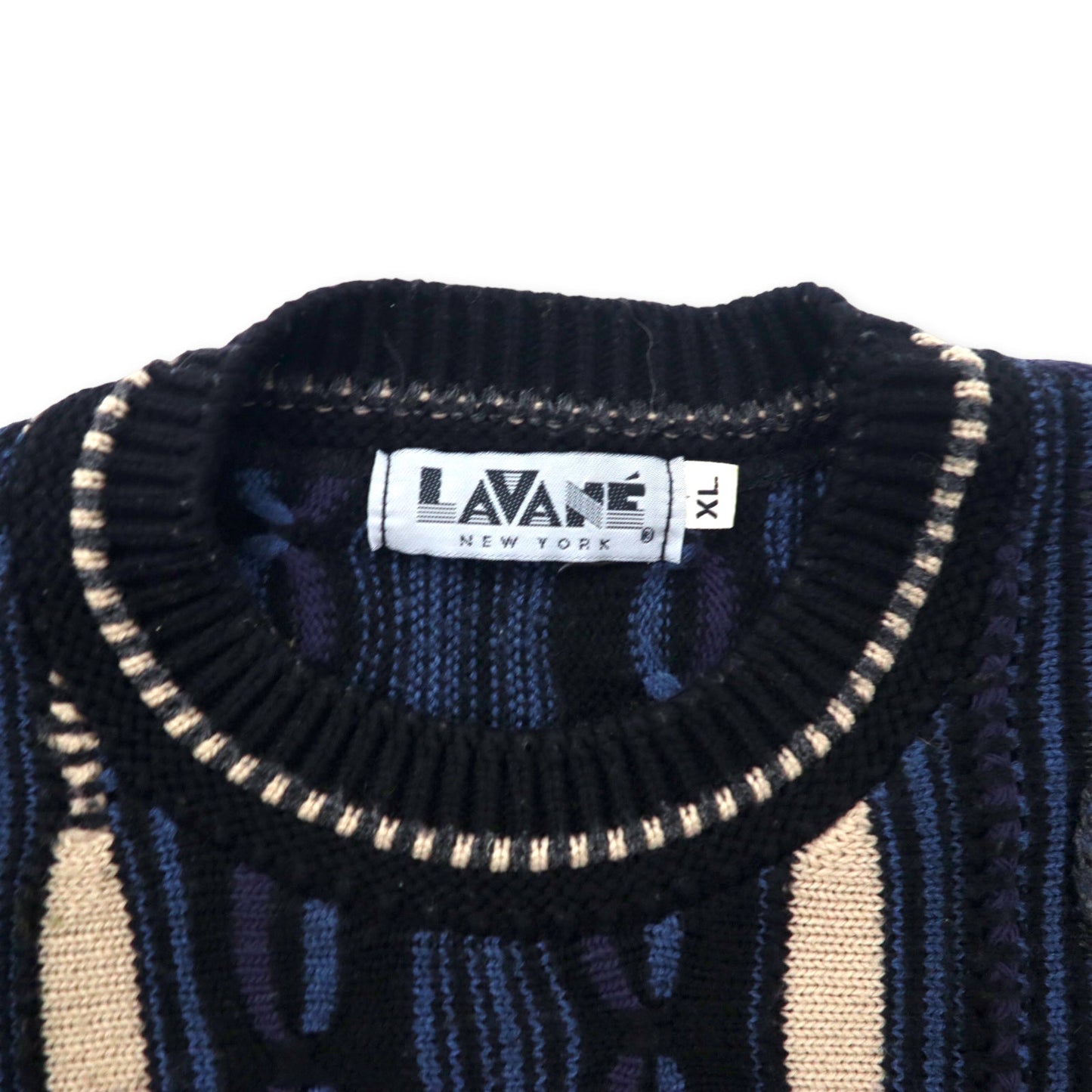 LAVANE USA製 90年代 3Dニット セーター XL ブラック アクリル 総柄 ビッグサイズ