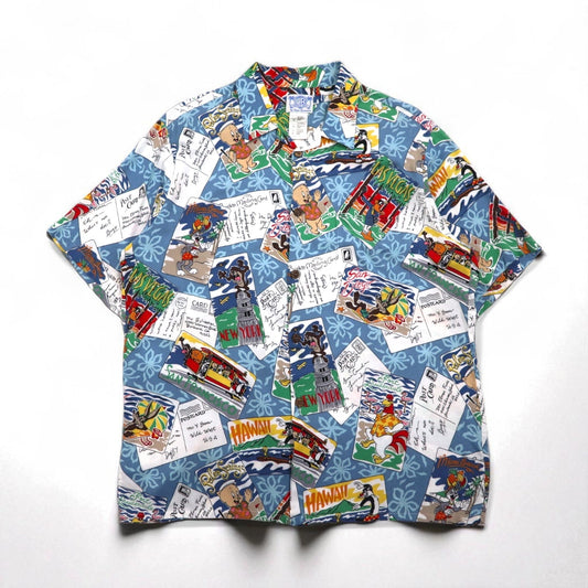 Reyn Spooner × WARNER BROS. ルーニーチューンズ LOONEY TUNES アロハシャツ XL ブルー レーヨン 開襟 オープンカラー 総柄 キャラクター