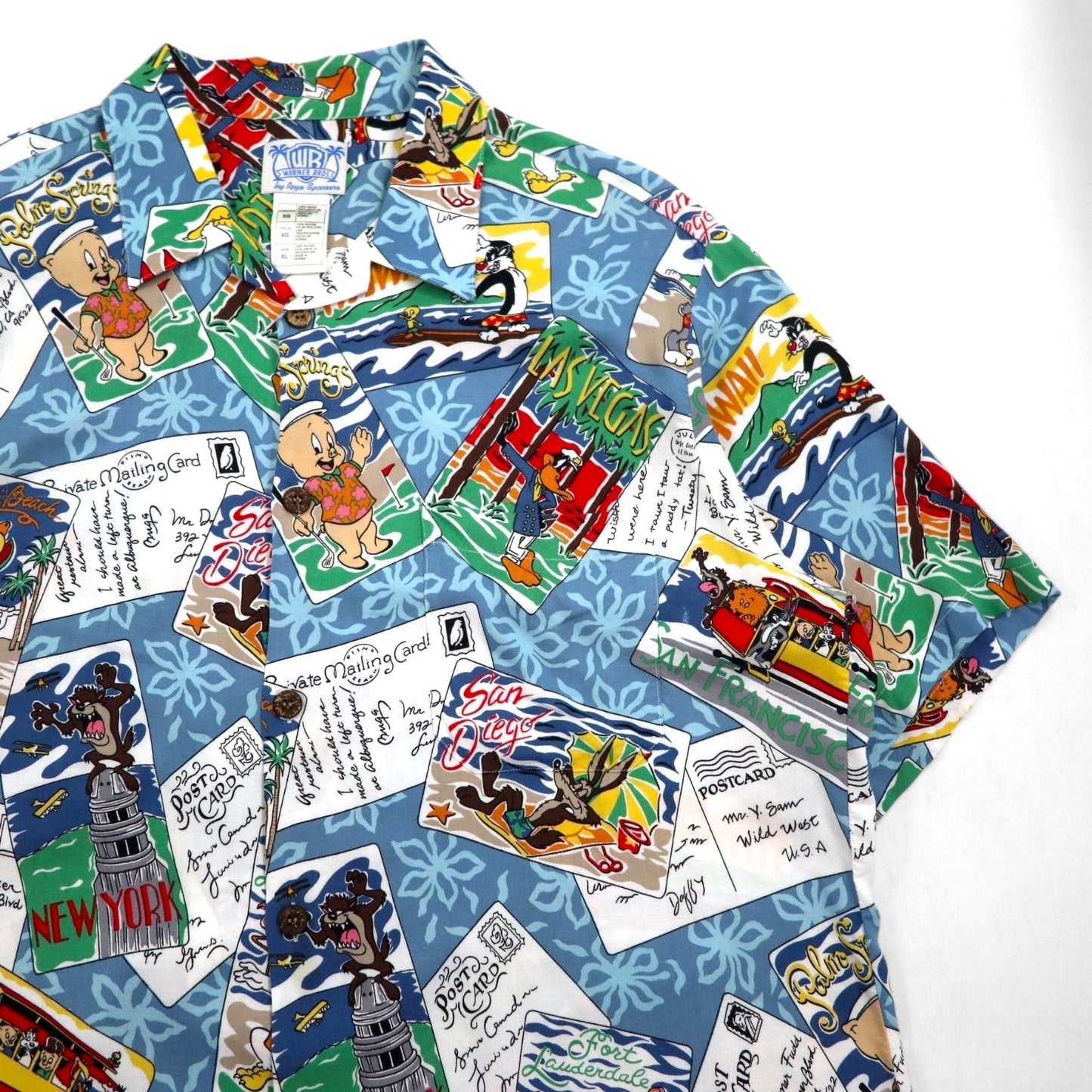 Reyn Spooner × WARNER BROS. ルーニーチューンズ LOONEY TUNES アロハシャツ XL ブルー レーヨン 開襟 オープンカラー 総柄 キャラクター