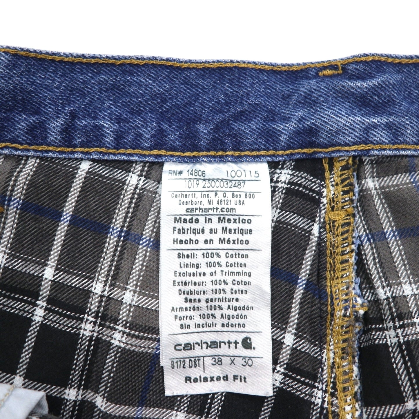 carhartt リラックスフィット RELAXED FIT ネルライナー デニムパンツ XL インディゴ ブルー 裏地 チェック B172 DST メキシコ製