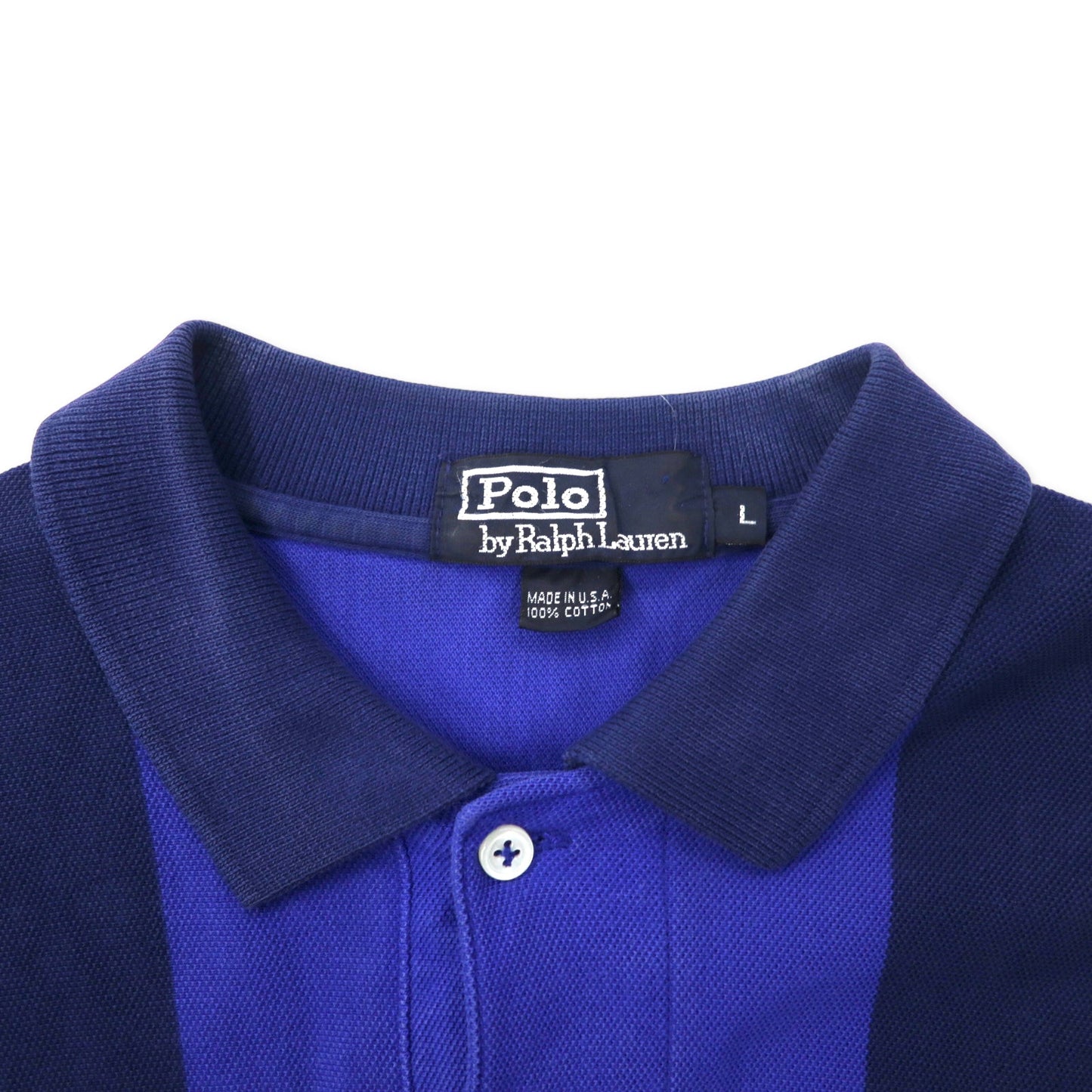 Polo by Ralph Lauren USA製 長袖ポロシャツ ラガーシャツ L ネイビー ブルー ストライプ コットン スモールポニー刺繍 ビッグサイズ
