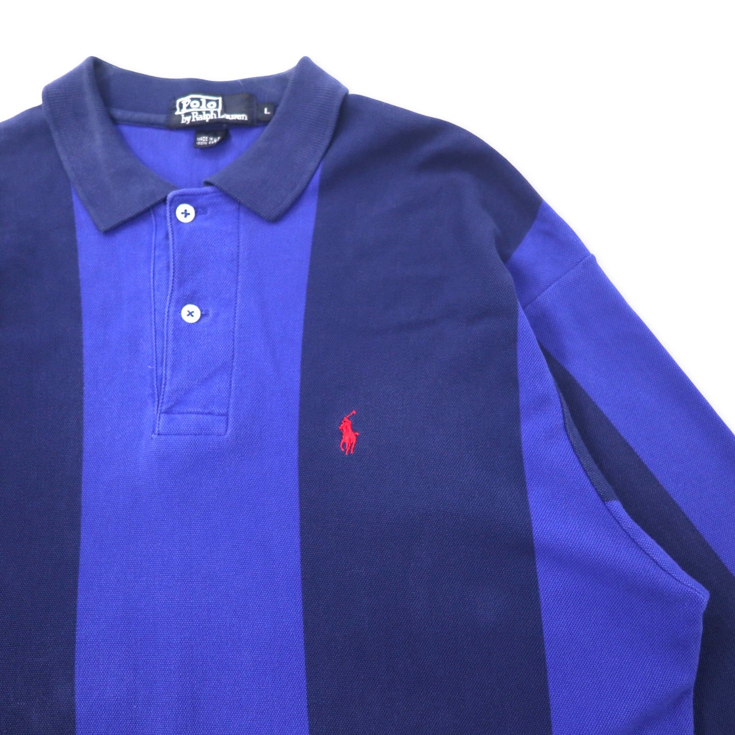 Polo by Ralph Lauren USA製 長袖ポロシャツ ラガーシャツ L ネイビー ブルー ストライプ コットン スモールポニー刺繍 ビッグサイズ