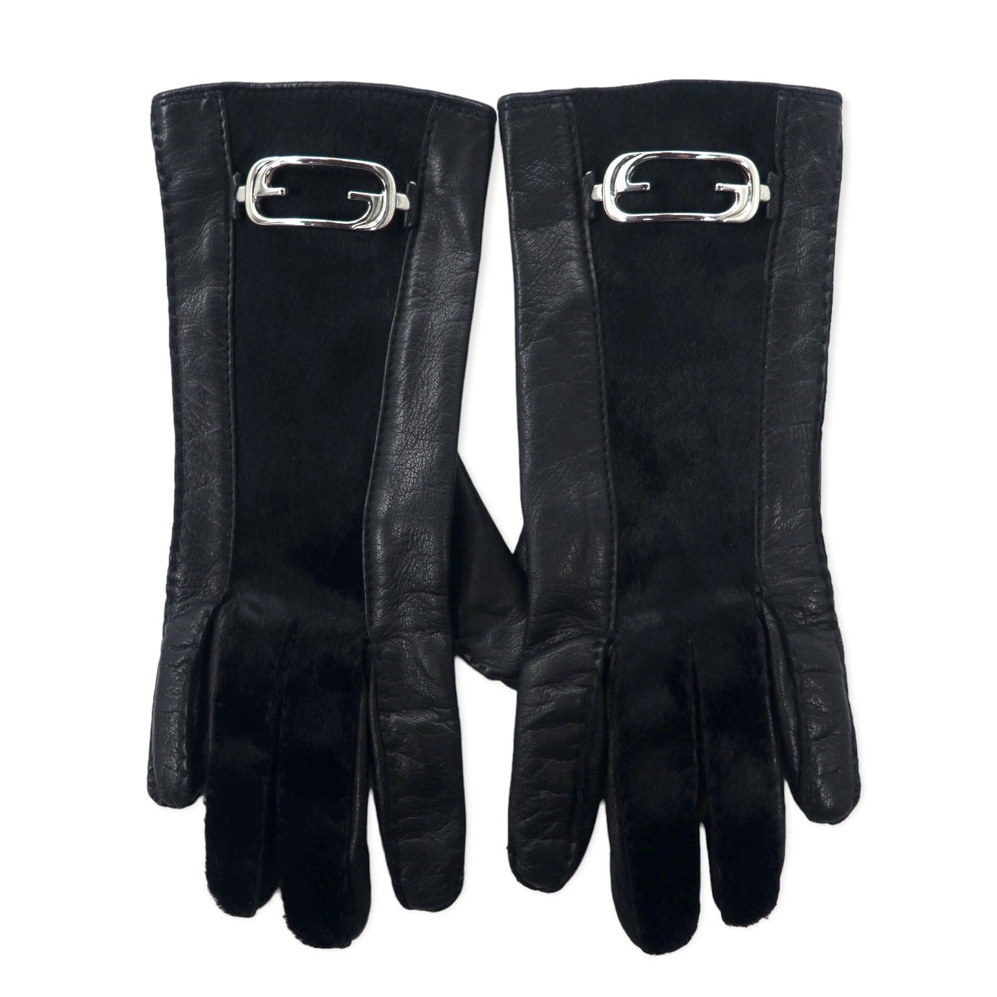 GUCCI イタリア製 オールドグッチ ハラコ レザーグローブ 手袋 6 ブラック GGロゴプレート レディース