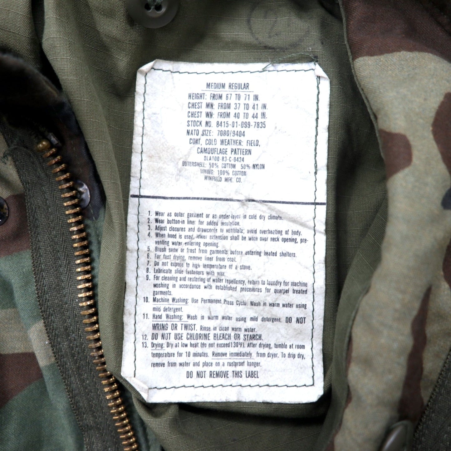 US ARMY 80年代 M-65 フィールドジャケット M カーキ カモフラ コットン パーカー収納式 ミリタリー 8415-01-099-7835 WINFIELD MFG.