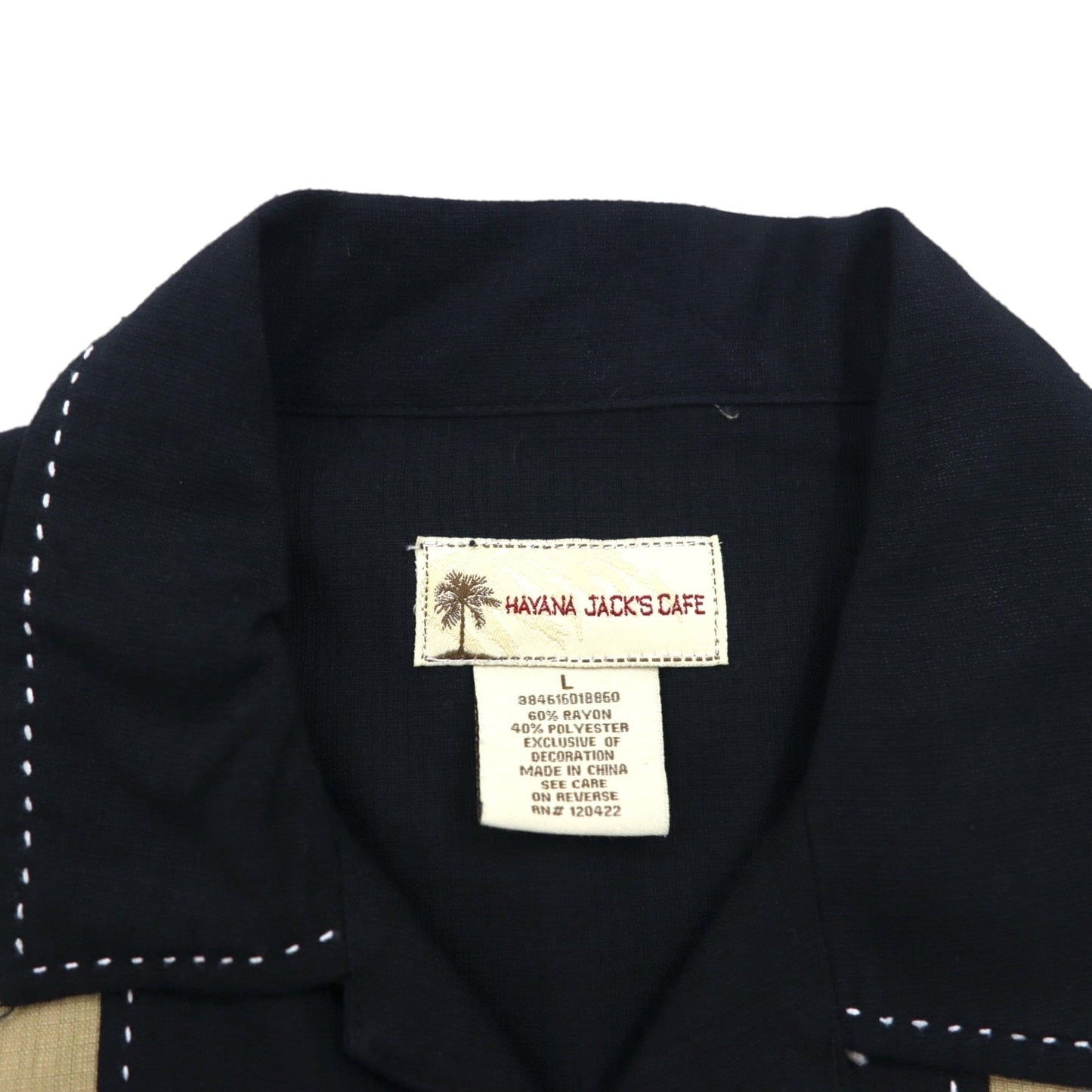 HAVANA JACK'S CAFE オープンカラー 開襟 キューバシャツ L ブラック レーヨン ポリエステル 刺子 刺繍 ヤシの木