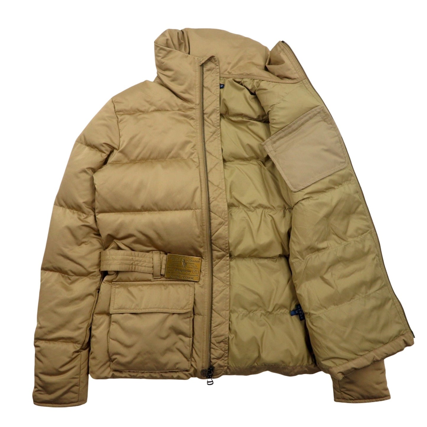 RALPH LAUREN ダウンジャケット S ベージュ ポリエステル ロゴ ベルト バックル ダブルジップ