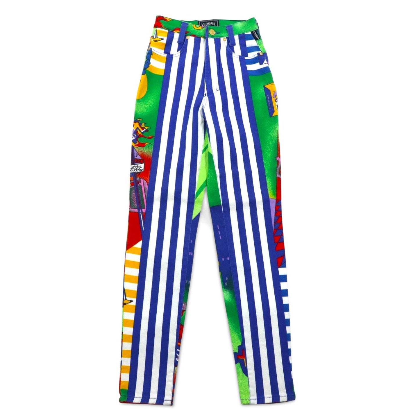 VERSACE JEANS COUTURE イタリア製 ハイウエスト デニムパンツ M ストライプ アート 総柄 クレイジーパターン メデューサ