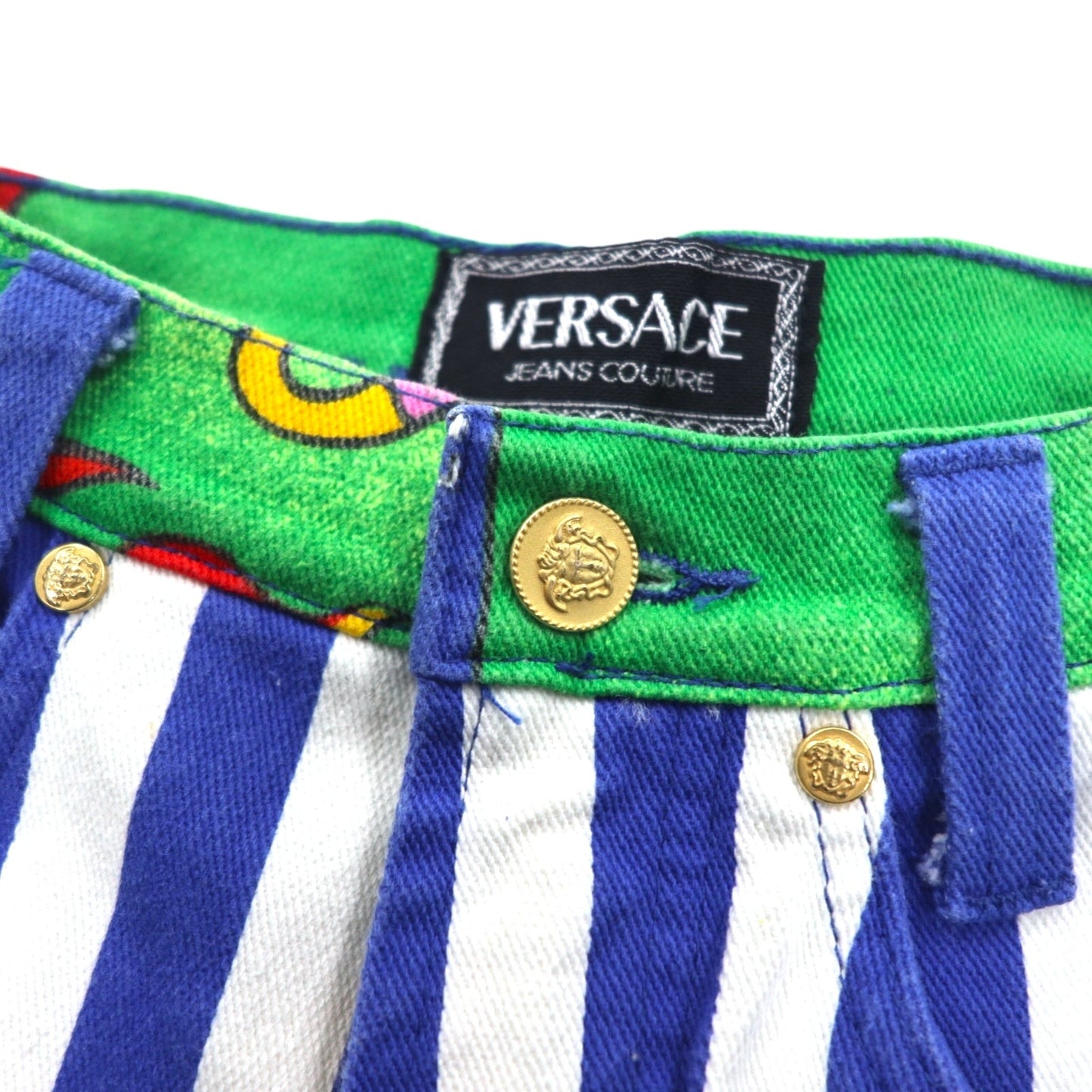 VERSACE JEANS COUTURE イタリア製 ハイウエスト デニムパンツ M ストライプ アート 総柄 クレイジーパターン メデューサ