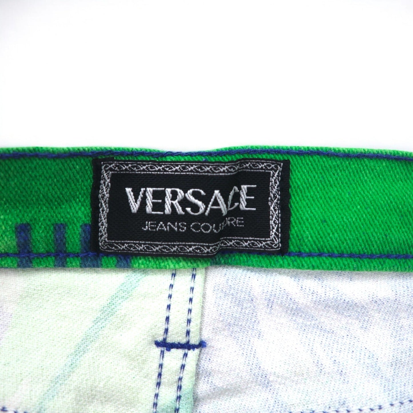 VERSACE JEANS COUTURE イタリア製 ハイウエスト デニムパンツ M ストライプ アート 総柄 クレイジーパターン メデューサ