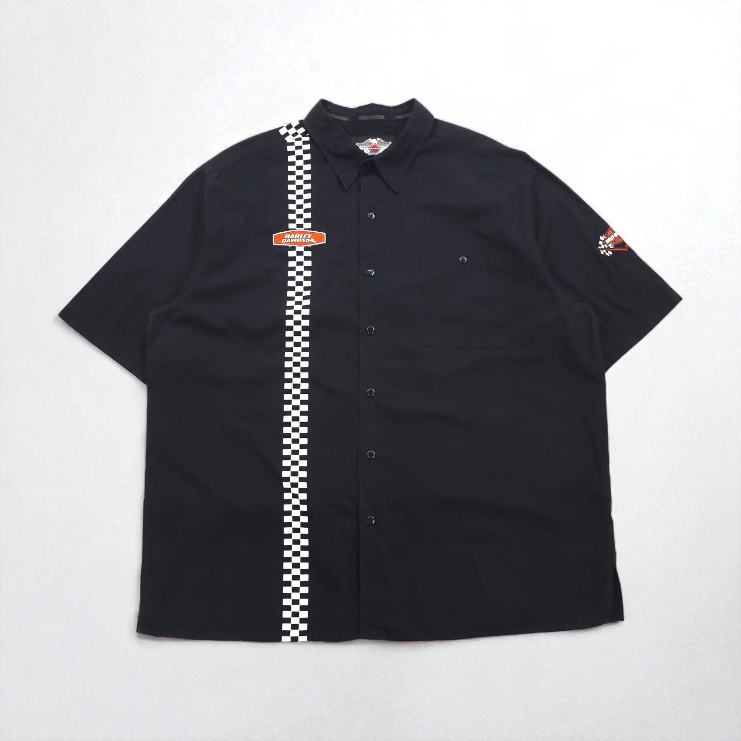 HARLEY DAVIDSON チェッカーフラッグ レーシングシャツ 2XL ブラック ロゴワッペン 胸ポケット