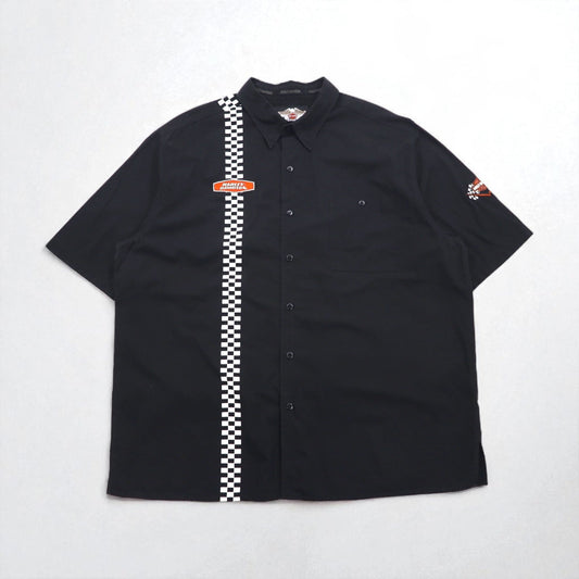 HARLEY DAVIDSON チェッカーフラッグ レーシングシャツ 2XL ブラック ロゴワッペン 胸ポケット