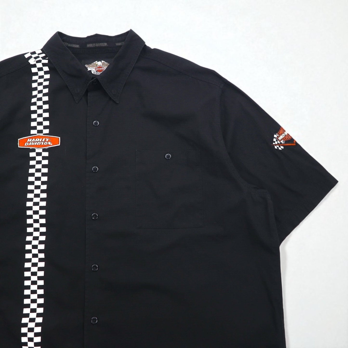 HARLEY DAVIDSON チェッカーフラッグ レーシングシャツ 2XL ブラック ロゴワッペン 胸ポケット
