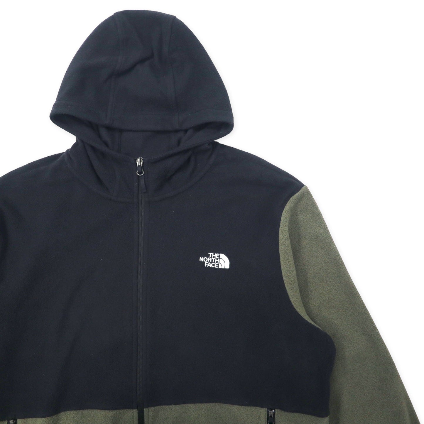 THE NORTH FACE フルジップ フリースジャケット フーディー XL ブラック カーキ ポリエステル ワンポイントロゴ刺繍