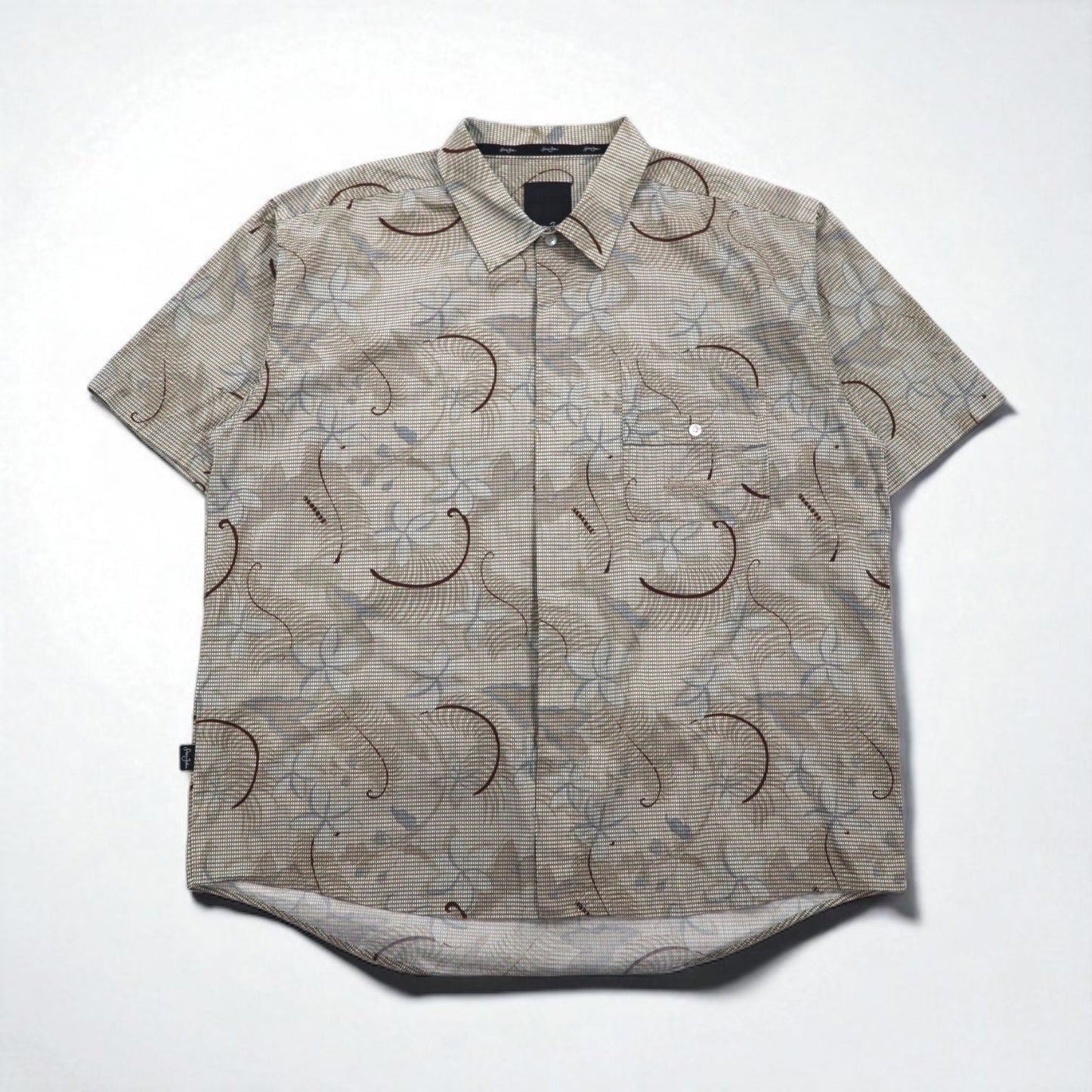 Sean John 00年代 総柄 ビッグサイズ 半袖シャツ 2XL ベージュ コットン チェック 胸ポケット