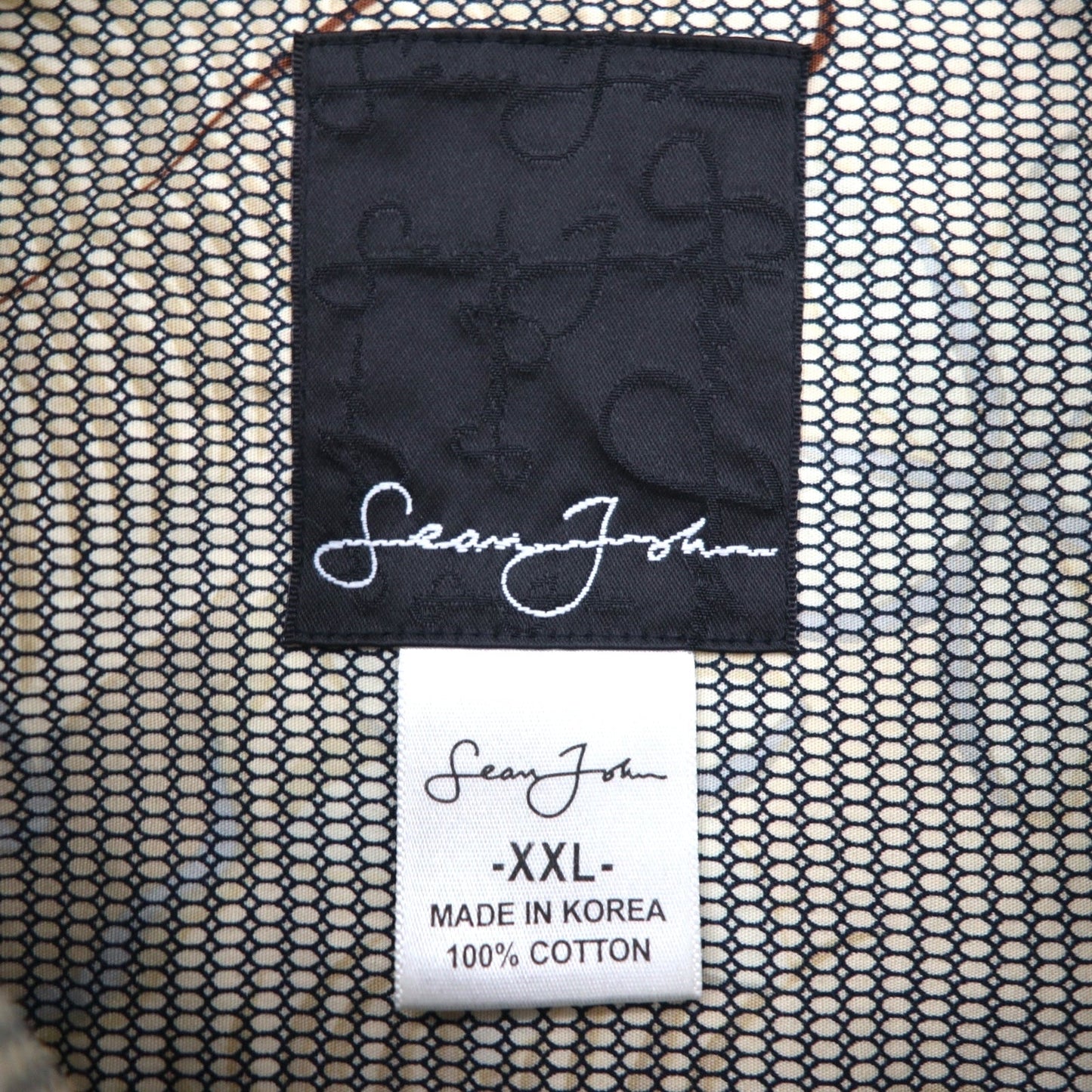 Sean John 00年代 総柄 ビッグサイズ 半袖シャツ 2XL ベージュ コットン チェック 胸ポケット