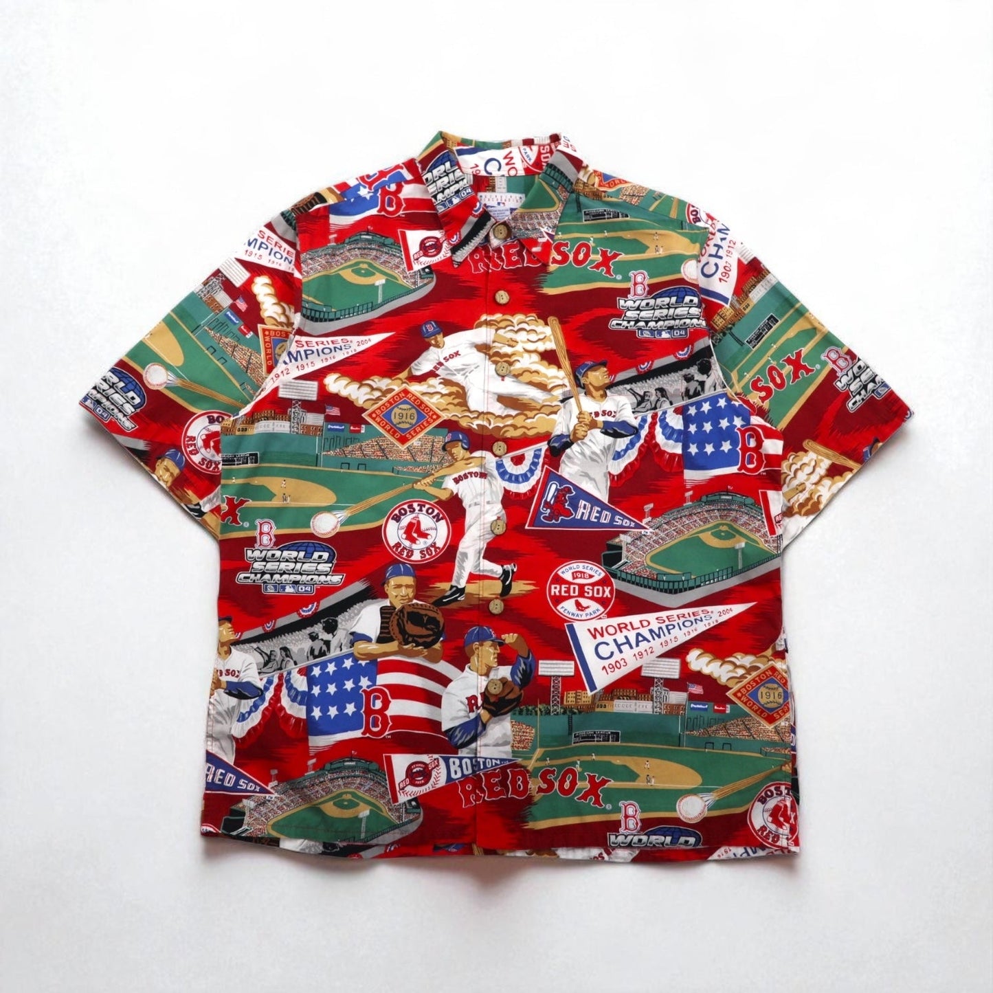 Reyn Spooner アロハシャツ L レッド 総柄 コットン MLB BOSTON RED SOX 胸ポケット