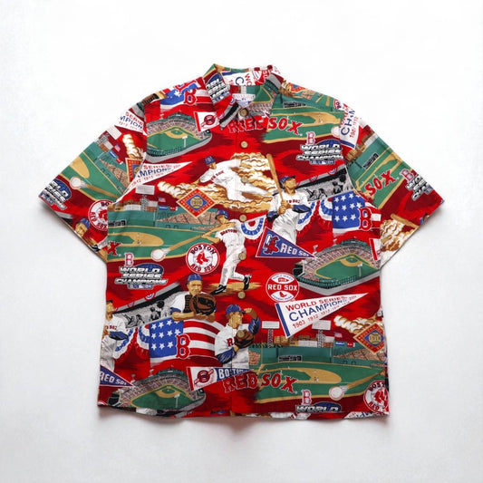 Reyn Spooner アロハシャツ L レッド 総柄 コットン MLB BOSTON RED SOX 胸ポケット