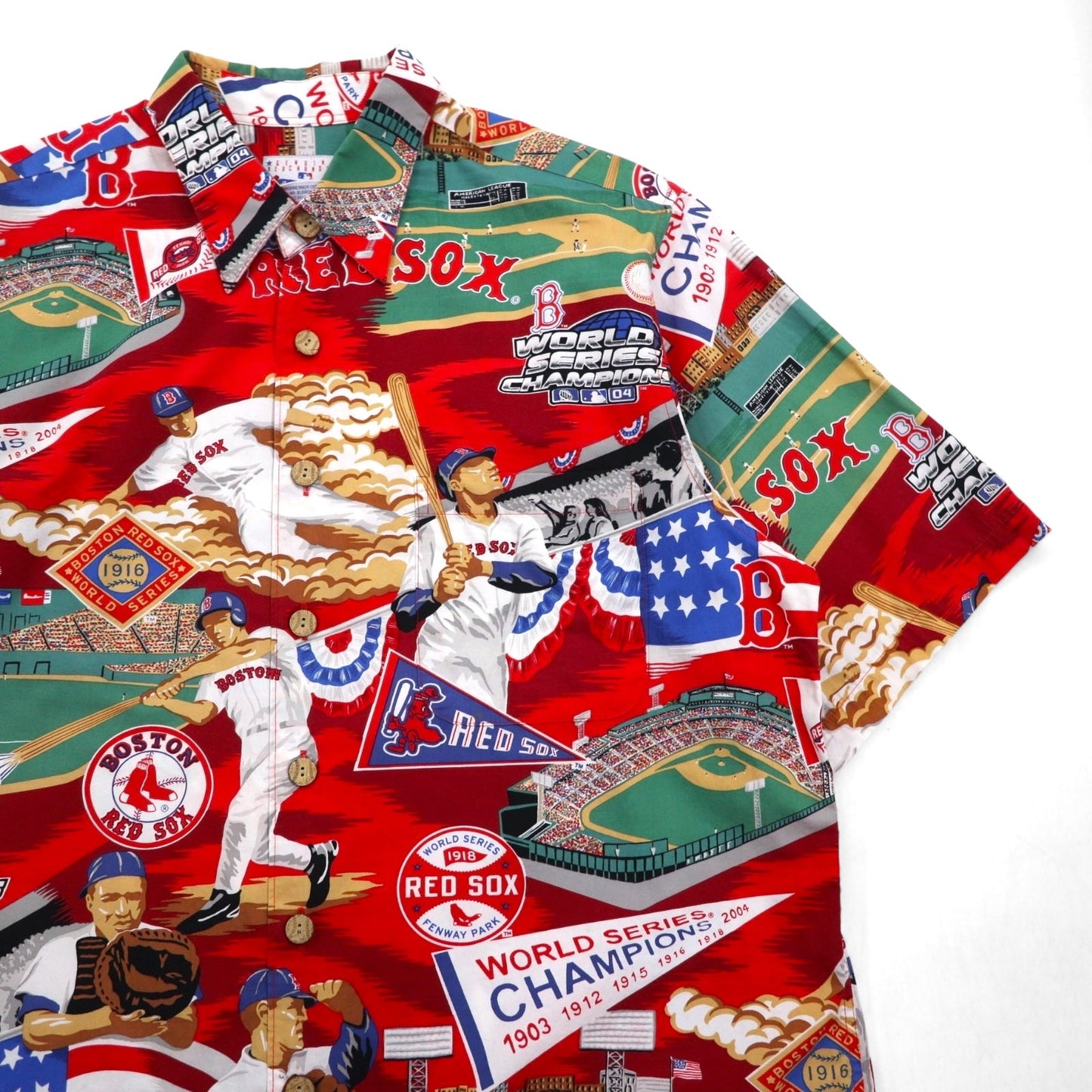 Reyn Spooner アロハシャツ L レッド 総柄 コットン MLB BOSTON RED SOX 胸ポケット