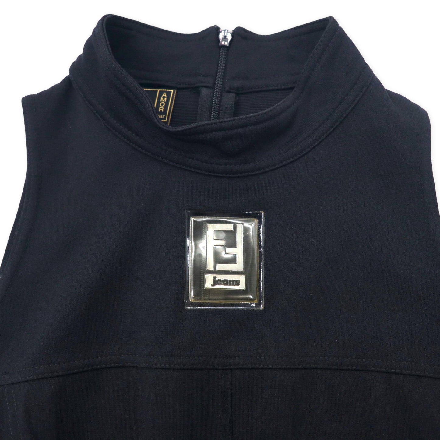FENDI FFロゴ ノースリーブ ワンピース ハイネック ドレス 42 ブラック バックジップ ストレッチ イタリア製