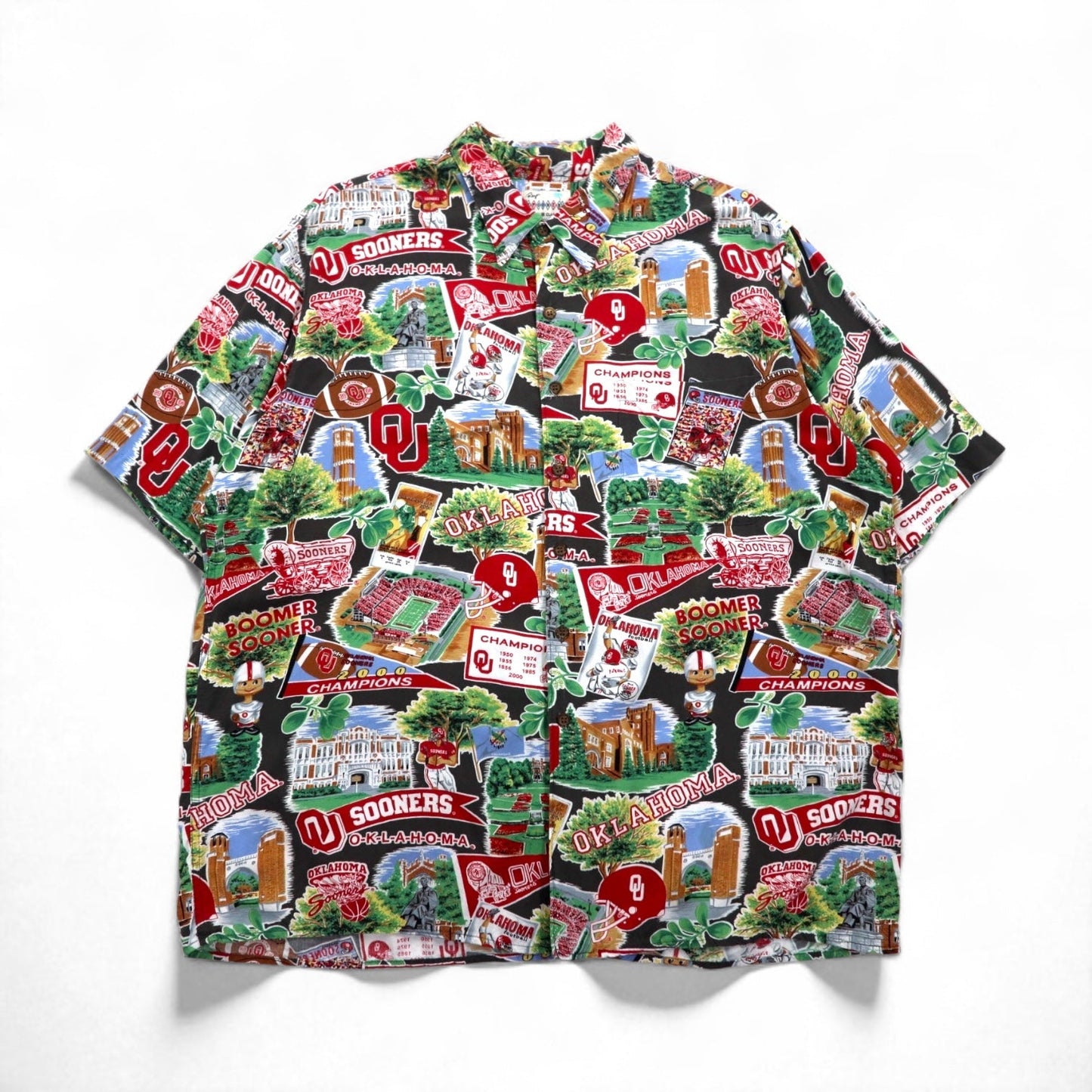 Reyn SPOONER 90年代 ハワイ(USA)製 AMERICAN CLASSICS アロハシャツ 2XL マルチカラー レーヨン NCAA OKLAHOMA SOONERS カレッジ フットボール