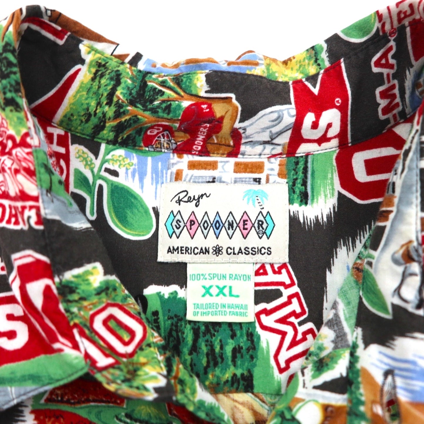 Reyn SPOONER 90年代 ハワイ(USA)製 AMERICAN CLASSICS アロハシャツ 2XL マルチカラー レーヨン NCAA OKLAHOMA SOONERS カレッジ フットボール