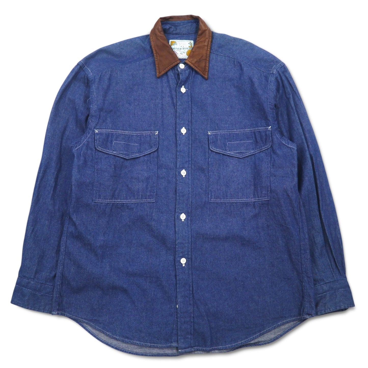 Vintage 90s Denim Shirt MINDLOOSER 襟レザー 切替 ワーク デニムシャツ L インディゴ ブルー コットン