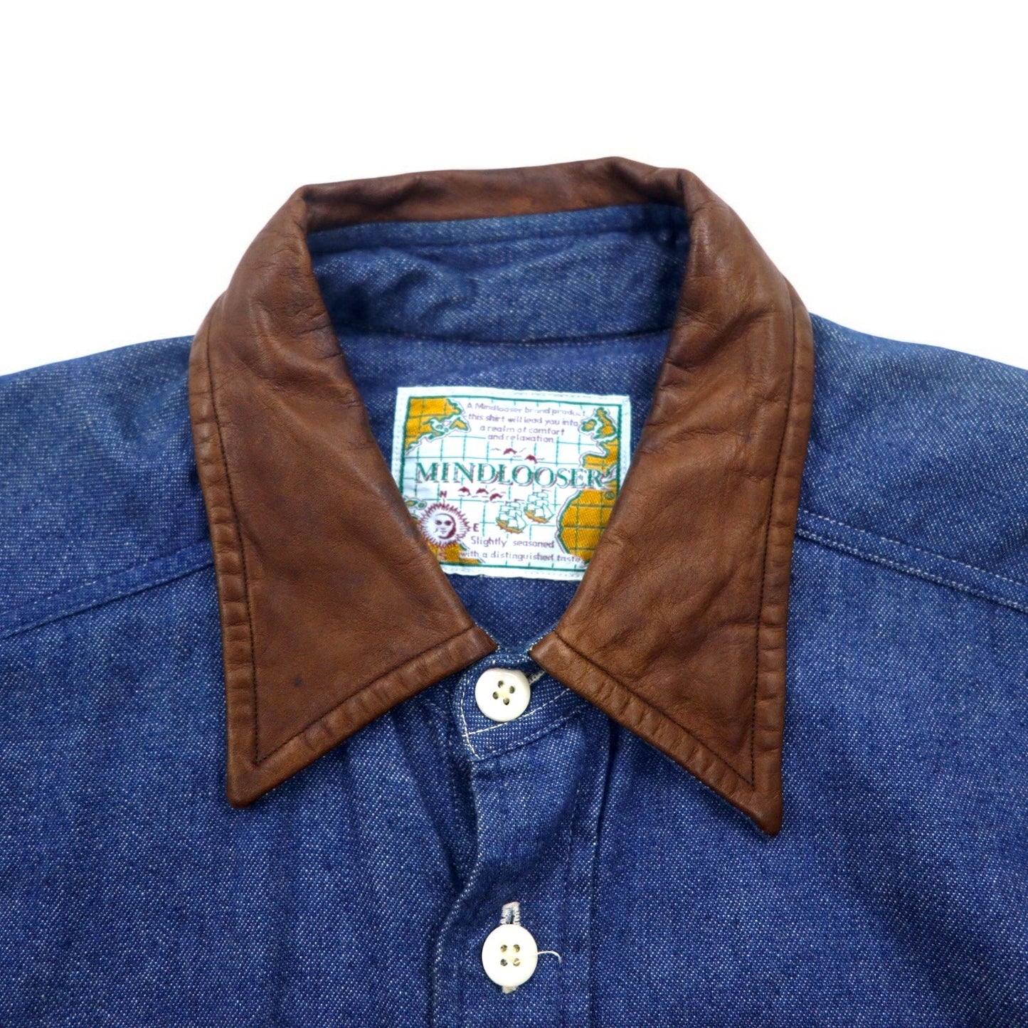 Vintage 90s Denim Shirt MINDLOOSER 襟レザー 切替 ワーク デニムシャツ L インディゴ ブルー コットン