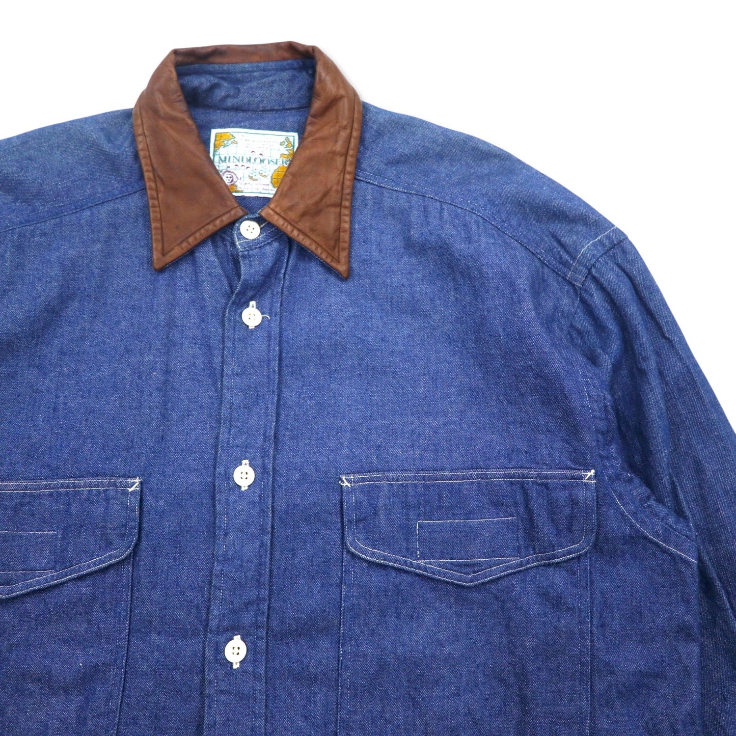 Vintage 90s Denim Shirt MINDLOOSER 襟レザー 切替 ワーク デニムシャツ L インディゴ ブルー コットン