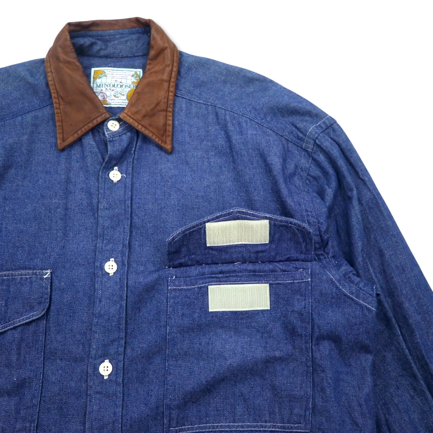 Vintage 90s Denim Shirt MINDLOOSER 襟レザー 切替 ワーク デニムシャツ L インディゴ ブルー コットン