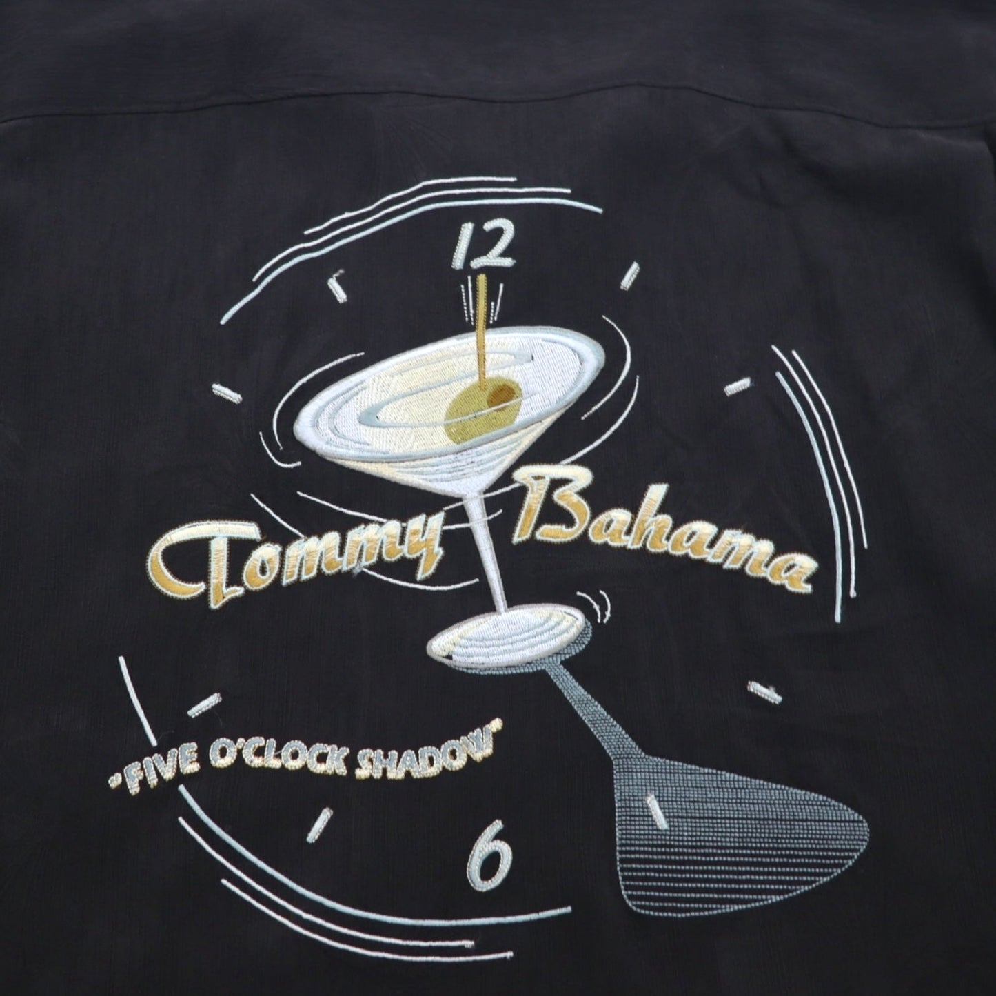 TOMMY BAHAMA シルク オープンカラーシャツ 開襟 アロハシャツ XL ブラック ボックスシルエット バックロゴ カクテル 刺繍