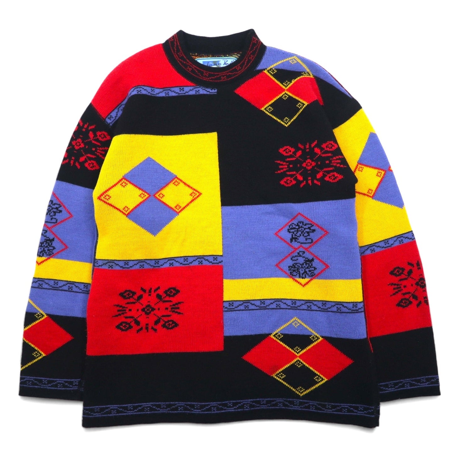 フランス製 90年代 odana 総柄 チロリアン ニット セーター L ブラック イエロー アクリル