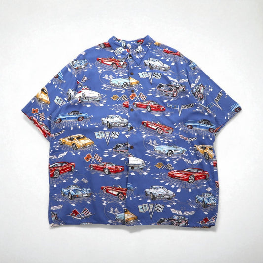 Reyn SPOONER 90年代 ハワイ(USA)製 AMERICAN CLASSICS クラシックカー アロハシャツ 2XL ブルー レーヨン CHEVROLET シボレー