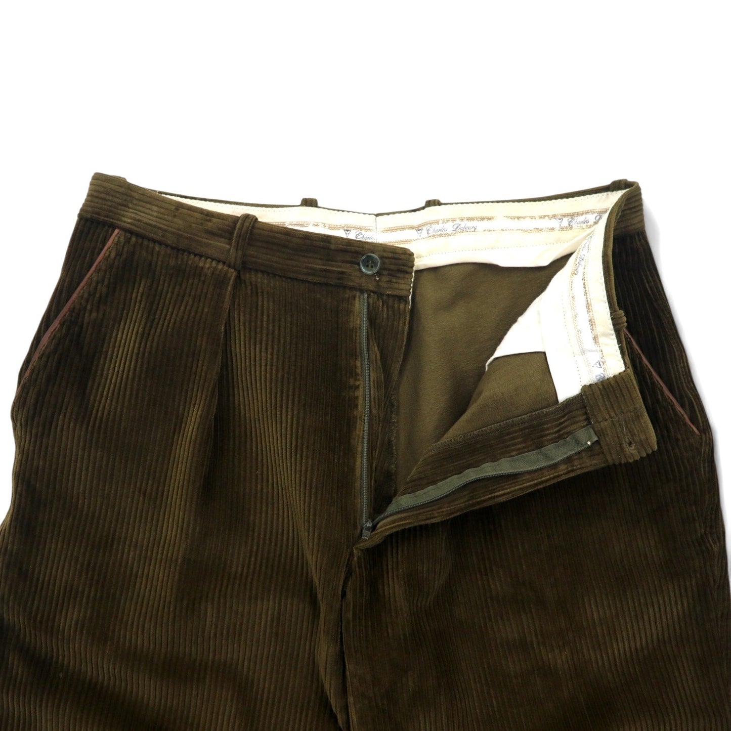 フランス製 80年代 Charles Dubourg テーパード コーデュロイパンツ L カーキ コットン COSSERAT 裾ジップ レザー パイピング DMCジップ