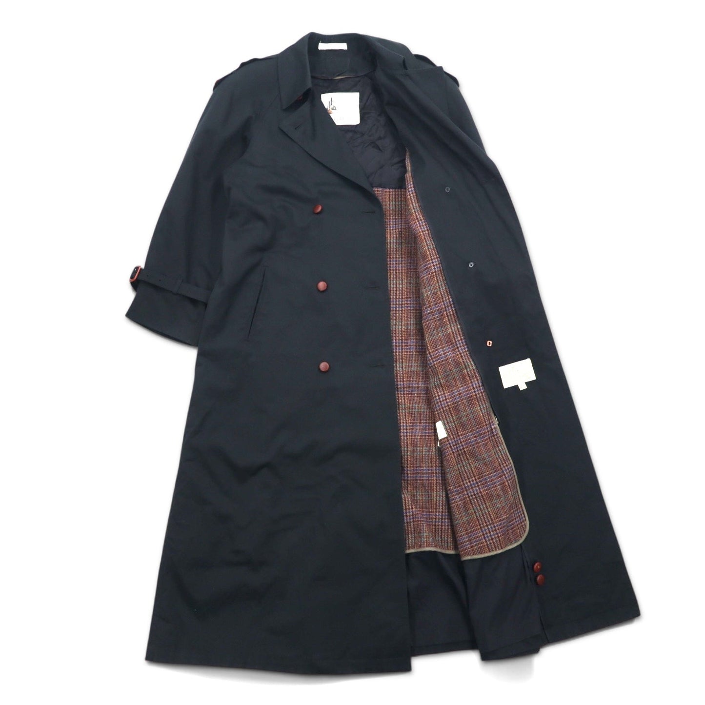 90s Vintage Trench Double-Breasted Coat Misty Harbor トレンチコート M ブラック コットン チェックライナー着脱式 ベルト付き