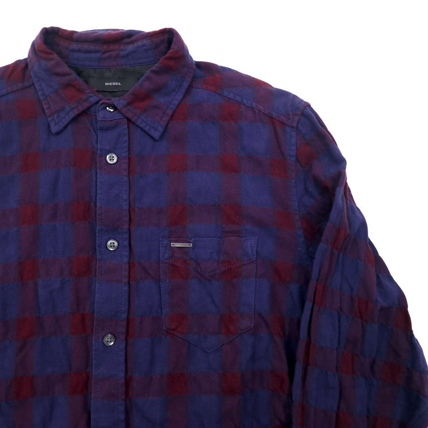 DIESEL カットオフ グランジ チェックシャツ M ネイビー パープル ユーズド加工