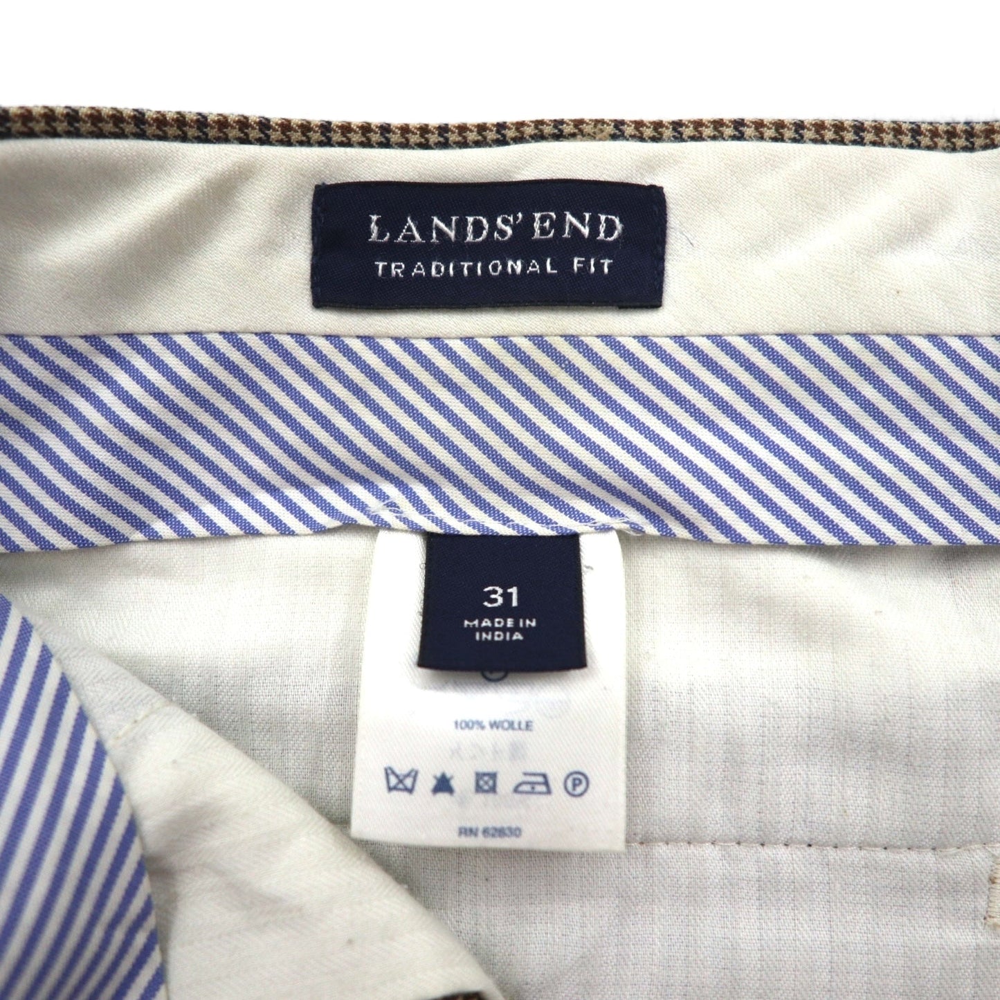 LANDS' END 2タック ワイド スラックスパンツ M ブラウン グレンチェック ウール