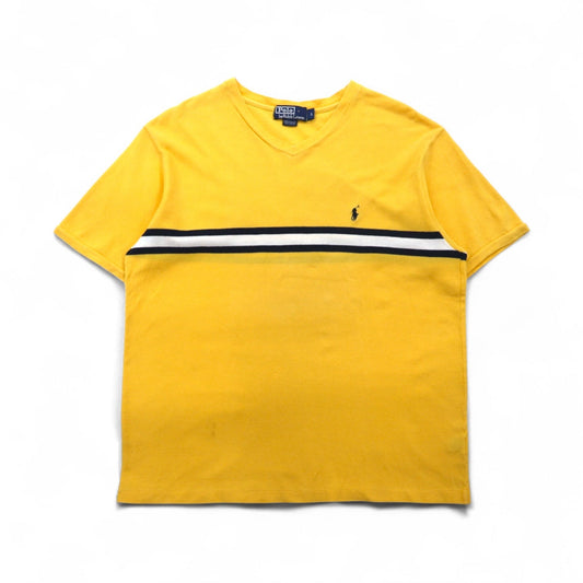 Polo by Ralph Lauren 90年代 ラインデザイン Vネック 鹿の子 Tシャツ L イエロー コットン スモールポニー刺繍