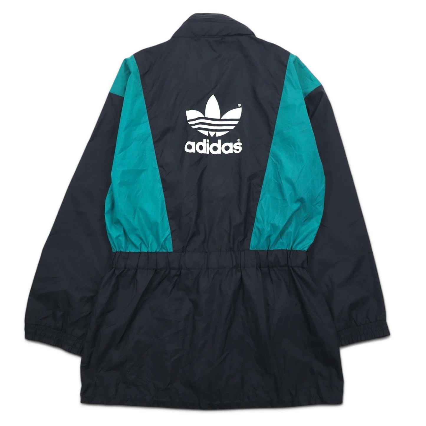 adidas 90年代 ナイロンジャケット XL ブラック ナイロン トレフォイルロゴ ドローコード フード収納式 銀タグ