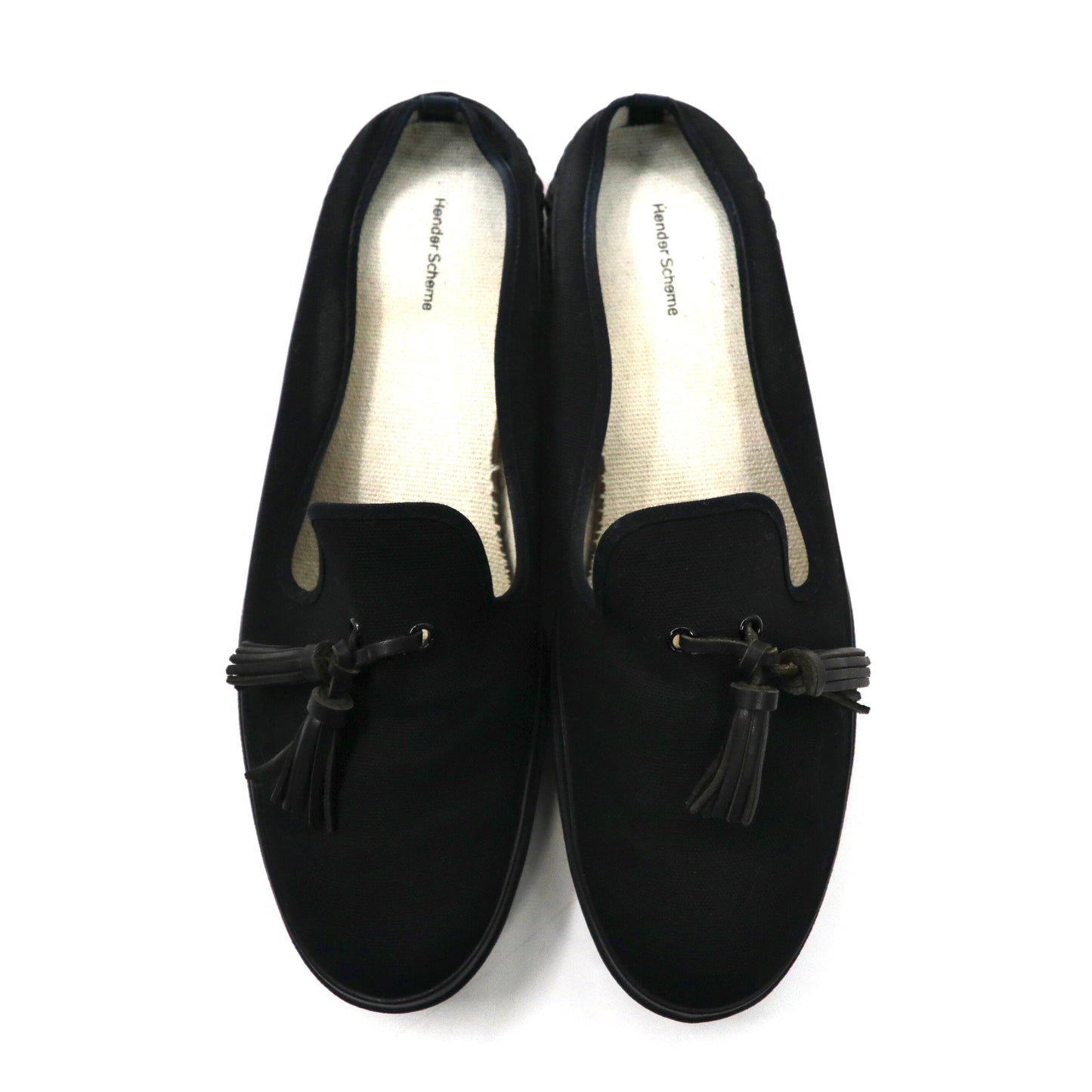 Hender Scheme タッセルローファー ミュール 27.5-28cm ブラック キャンバス PARALLEL / PEAK with tassels 8AHR 日本製