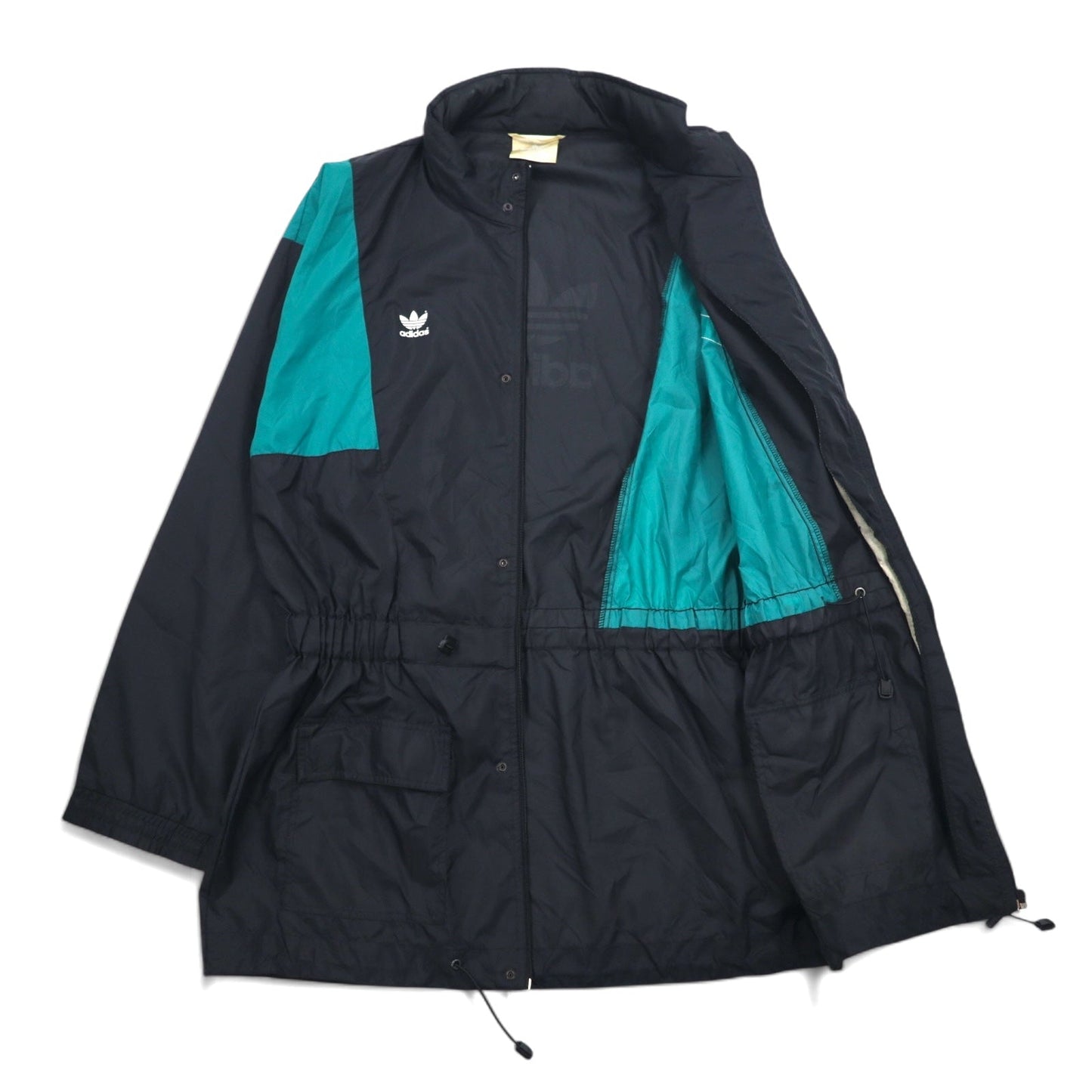 adidas 90年代 ナイロンジャケット XL ブラック ナイロン トレフォイルロゴ ドローコード フード収納式 銀タグ