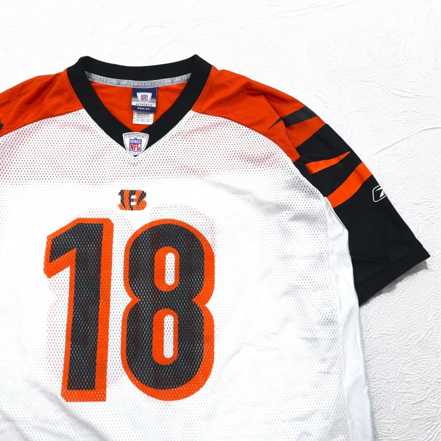 Reebok ゲームシャツ XL ホワイト オレンジ ポリエステル メッシュ ナンバリング NFL ベンガルズ