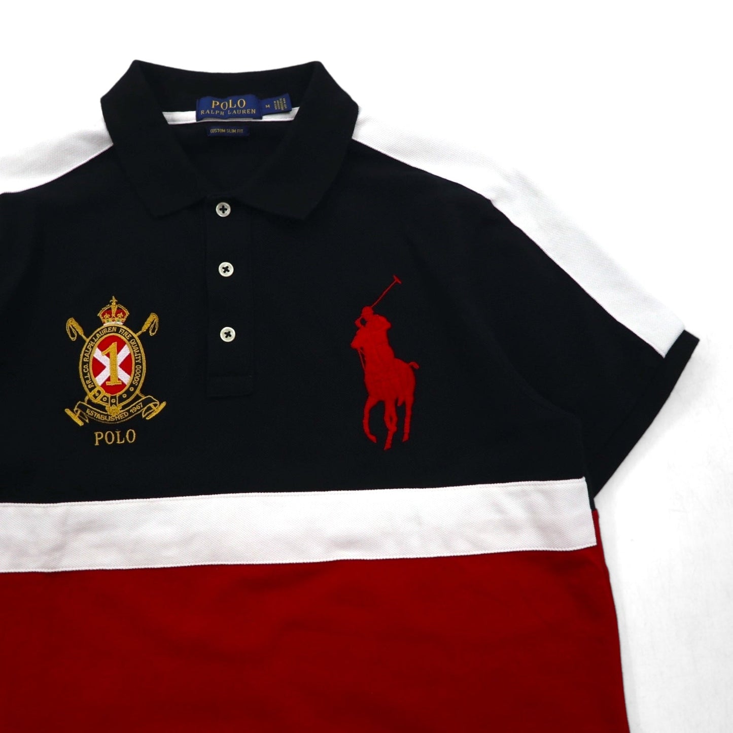 POLO RALPH LAUREN ビッグポニー刺繍 ポロシャツ M ブラック レッド 鹿の子 エンブレム ワッペン